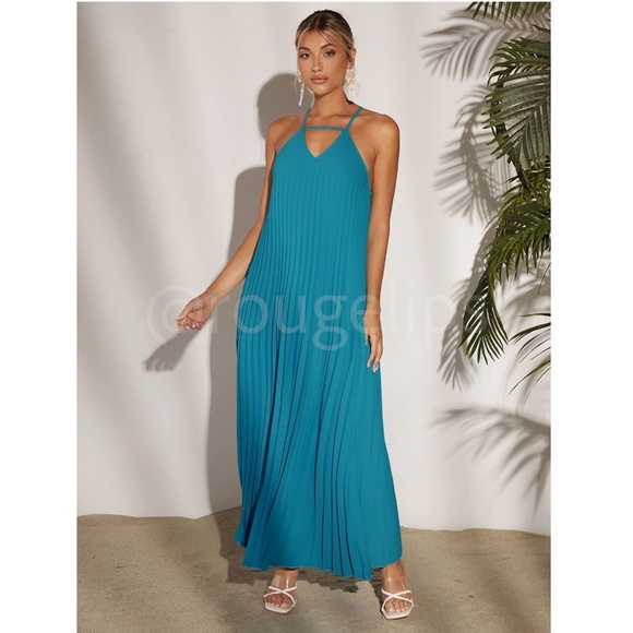Blue Pleated A-Line Maxi Dress Criss Cross Back Straps - Picture 5 of 8